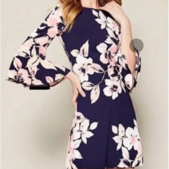 Eliza J Navy Floral Bell Sleeve Dress - Picture 3 of 5